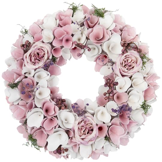 13.5" Pink & White Wooden Floral Spring Artificial Wreath with Berries By Northlight | Michaels®